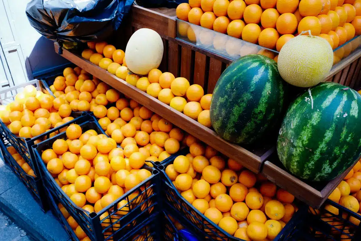 Gros plan sur une pastèque fraîche montrant la tache de champ et les stries de pollinisation